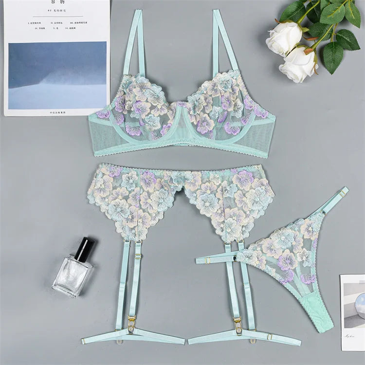 2023 New High Quality Heavy Industry Flower Embroidery Perspective Fun Three Piece Set Popular Fun Underwear