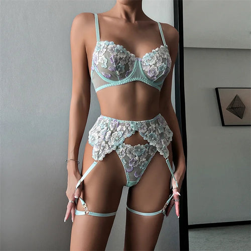 2023 New High Quality Heavy Industry Flower Embroidery Perspective Fun Three Piece Set Popular Fun Underwear