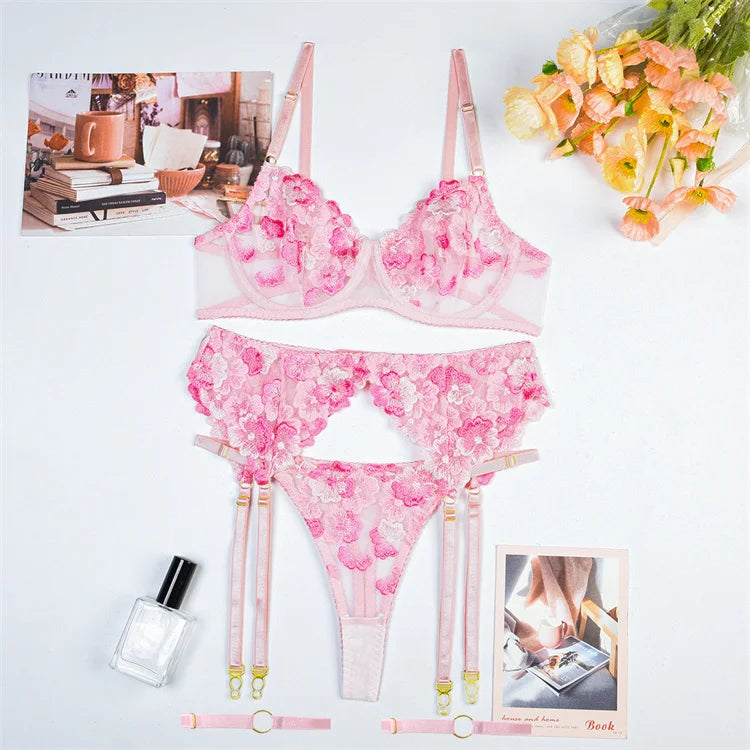 2023 New High Quality Heavy Industry Flower Embroidery Perspective Fun Three Piece Set Popular Fun Underwear